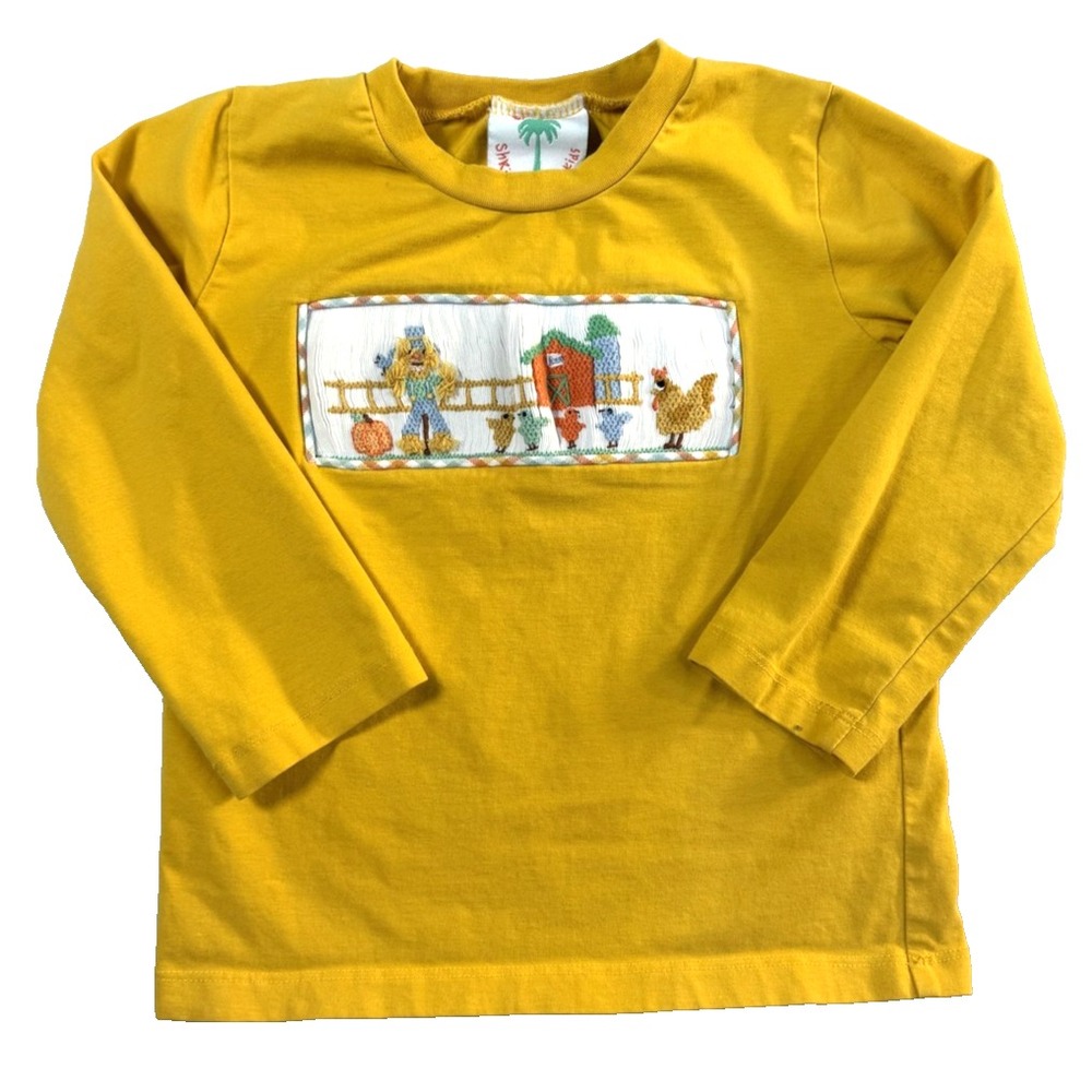 Shrimp & Grits Kids Farmhouse Shirt Girls 6 Yellow Farm Chicken Coop Embroidered